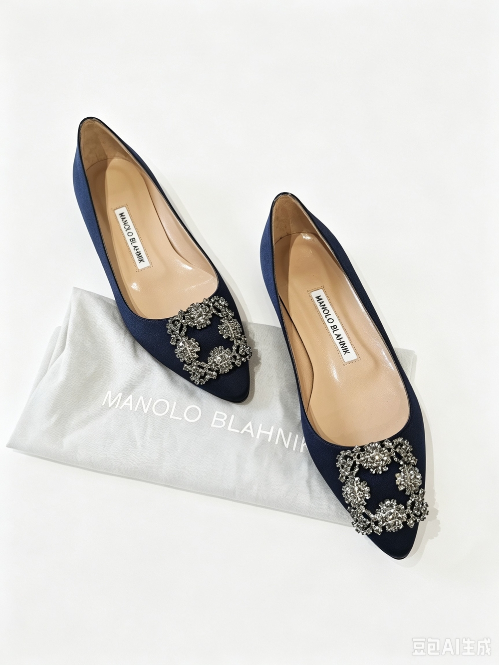 Manolo Blahnik  Navy Satin Pointed Toe Flats with Crystal Buckle